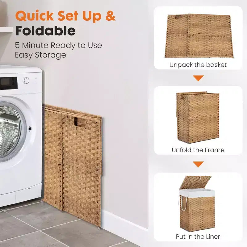JIONJOY Cesto portabiancheria in vimini da 90 litri con coperchio, design pieghevole, scomparto rimovibile e fodera lavabile