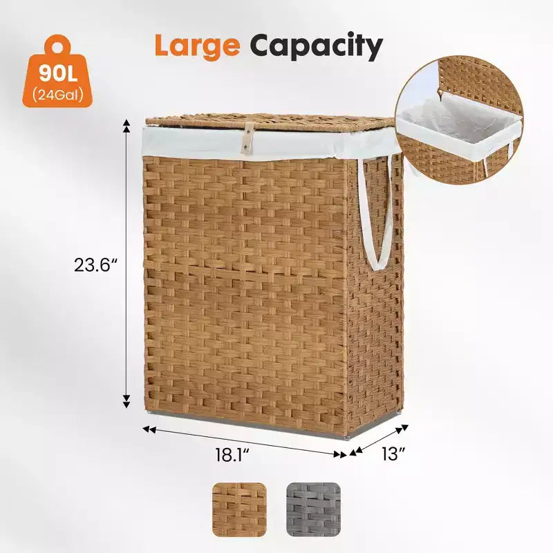 JIONJOY Cesto portabiancheria in vimini da 90 litri con coperchio, design pieghevole, scomparto rimovibile e fodera lavabile