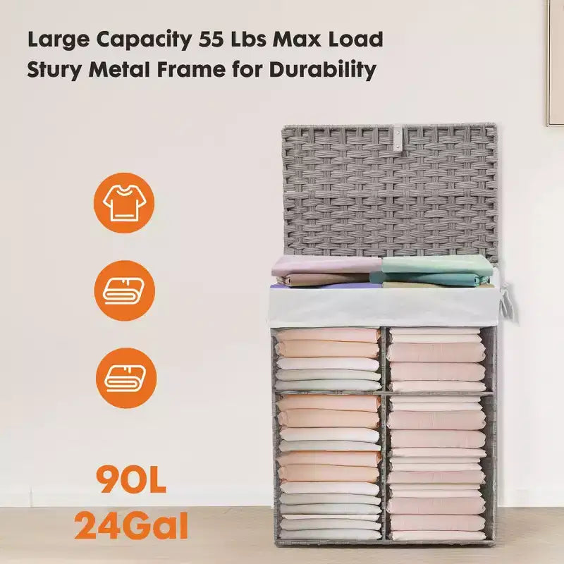 JIONJOY Cesto portabiancheria in vimini da 90 litri con coperchio, design pieghevole, scomparto rimovibile e fodera lavabile