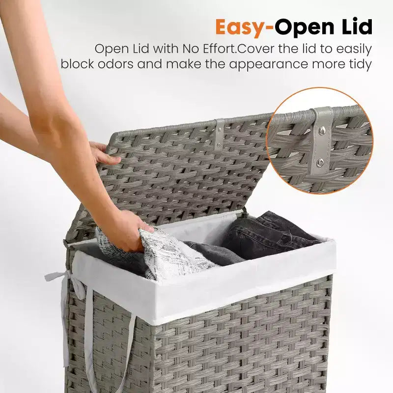 JIONJOY Cesto portabiancheria in vimini da 90 litri con coperchio, design pieghevole, scomparto rimovibile e fodera lavabile