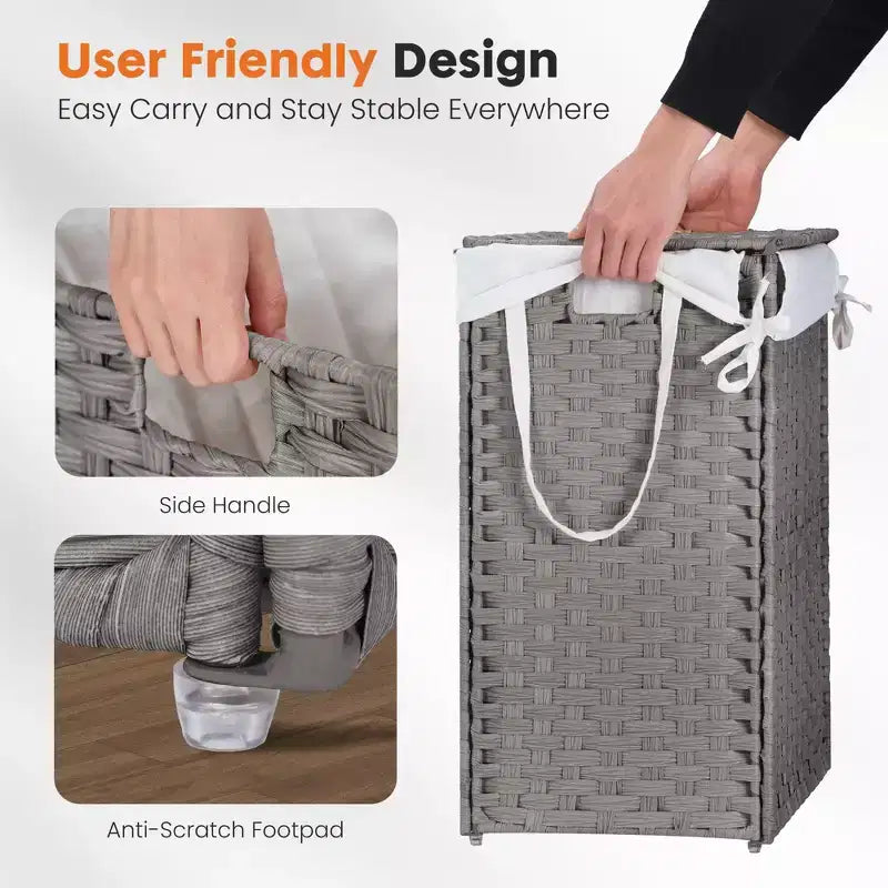 JIONJOY Cesto portabiancheria in vimini da 90 litri con coperchio, design pieghevole, scomparto rimovibile e fodera lavabile