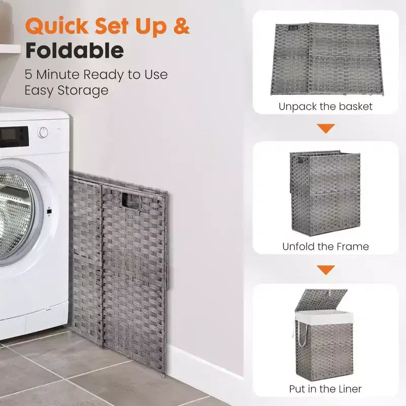 JIONJOY Cesto portabiancheria in vimini da 90 litri con coperchio, design pieghevole, scomparto rimovibile e fodera lavabile