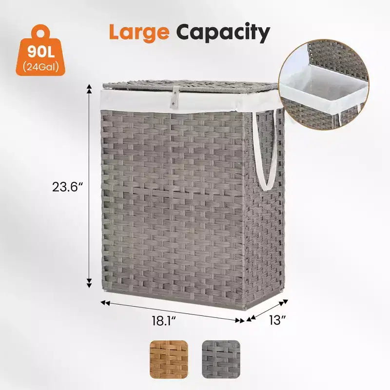 JIONJOY Cesto portabiancheria in vimini da 90 litri con coperchio, design pieghevole, scomparto rimovibile e fodera lavabile