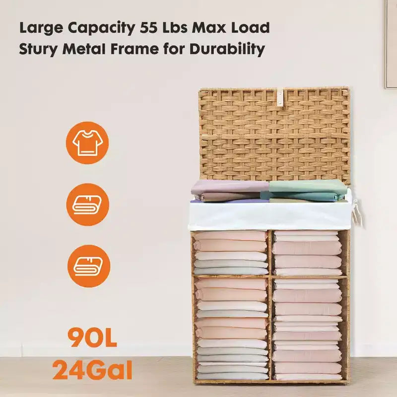 JIONJOY Cesto portabiancheria in vimini da 90 litri con coperchio, design pieghevole, scomparto rimovibile e fodera lavabile