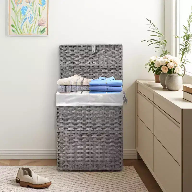 JIONJOY 23.7 gal. Wicker Hamper w/Lid, Foldable Design, Removable Compartment & Washable Liner