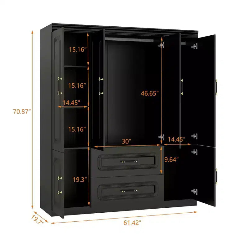 Armadio Keloyid Black Wood da 156 cm con 2 cassetti e 6 ante