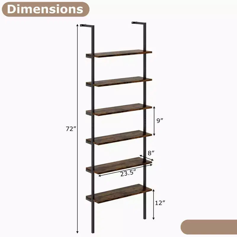 Costway Scaffale a Scala a 6 Livelli 72 Pollici Industriale a Parete Marrone/Rovere