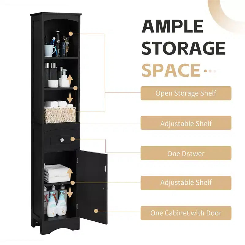 Mobiletto da bagno verticale Whisen, Armadietto portaoggetti da terra con cassetto e ripiani regolabili