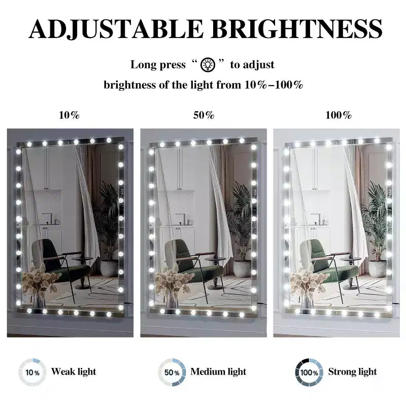Specchio LED Hollywood Argento 72x48: Extra Large, 3 Modalità di Colore, Sospensione Verticale/Orizzontale