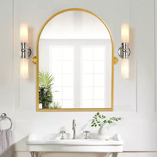 1 Specchio da parete ad arco ad angolo retto in ferro dorato da 32 x 23 pollici, Specchio da bagno