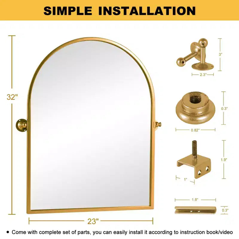 1 Specchio da parete ad arco ad angolo retto in ferro dorato da 32 x 23 pollici, Specchio da bagno
