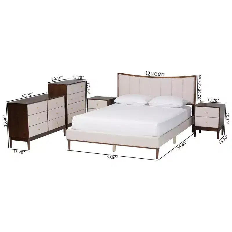 Set camera da letto Queen Baxton Studio Nikolai di 5 pezzi in tessuto beige trapuntato a canali e legno marrone Wenge stile Mid-Century
