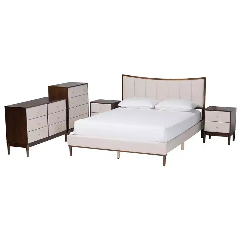 Set camera da letto Queen Baxton Studio Nikolai di 5 pezzi in tessuto beige trapuntato a canali e legno marrone Wenge stile Mid-Century