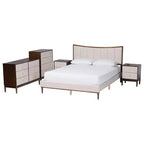 Set camera da letto Queen Baxton Studio Nikolai di 5 pezzi in tessuto beige trapuntato a canali e legno marrone Wenge stile Mid-Century