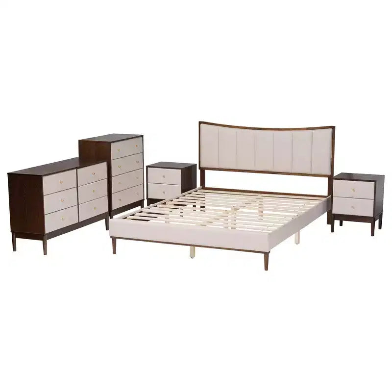 Set camera da letto Queen Baxton Studio Nikolai di 5 pezzi in tessuto beige trapuntato a canali e legno marrone Wenge stile Mid-Century