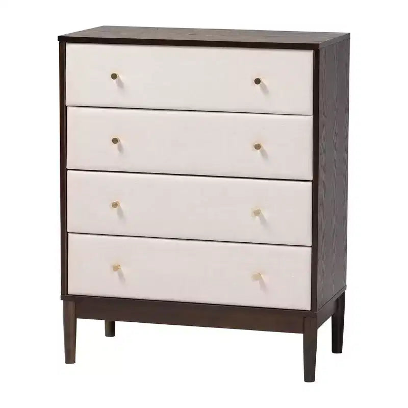 Set camera da letto Queen Baxton Studio Nikolai di 5 pezzi in tessuto beige trapuntato a canali e legno marrone Wenge stile Mid-Century