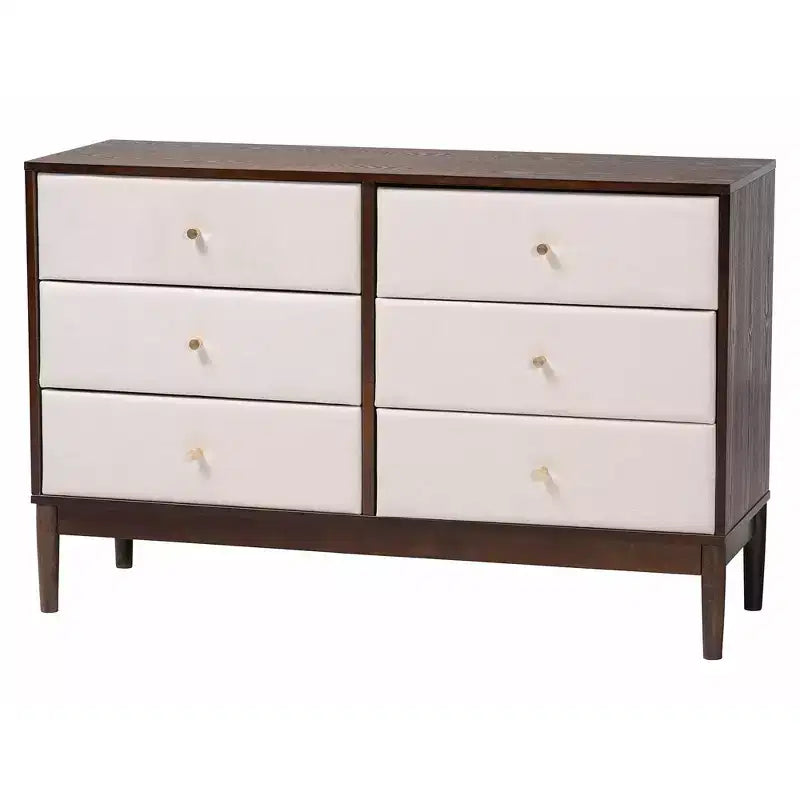 Set camera da letto Queen Baxton Studio Nikolai di 5 pezzi in tessuto beige trapuntato a canali e legno marrone Wenge stile Mid-Century