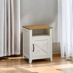 LEDREM Rustic White and Honey Brown Farmhouse Nightstand with Barn Door, Bedside Table features an Open Compartment, and serves as a Side End Table
