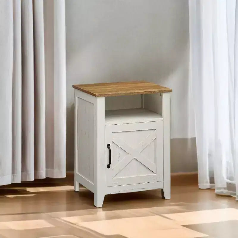LEDREM Rustic White and Honey Brown Farmhouse Nightstand with Barn Door, Bedside Table features an Open Compartment, and serves as a Side End Table