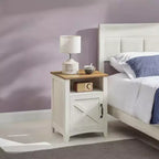 LEDREM Comodino rustico da fattoria bianco e marrone miele con anta a scorrimento, comodino con scomparto aperto, e utilizzabile come tavolino laterale/finale