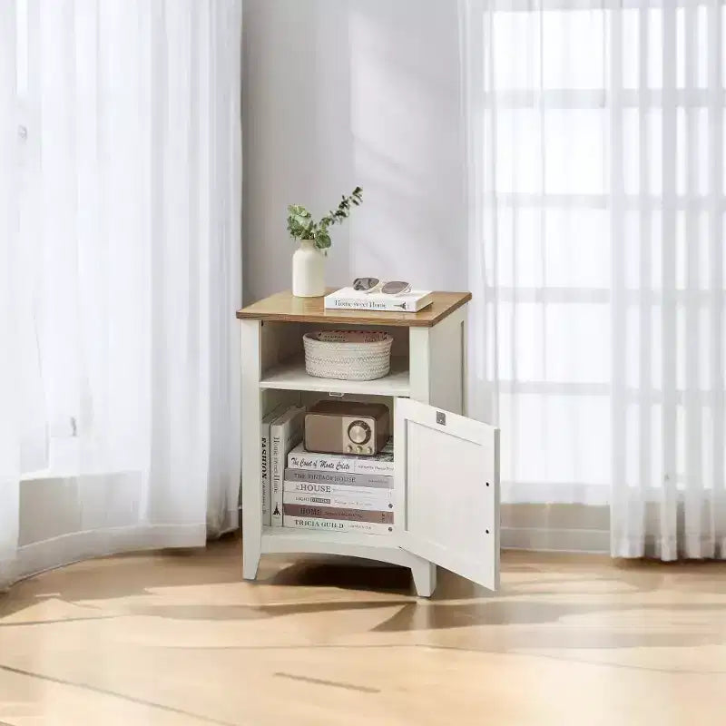LEDREM Comodino rustico da fattoria bianco e marrone miele con anta a scorrimento, comodino con scomparto aperto, e utilizzabile come tavolino laterale/finale