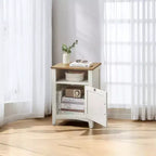 LEDREM Comodino rustico da fattoria bianco e marrone miele con anta a scorrimento, comodino con scomparto aperto, e utilizzabile come tavolino laterale/finale