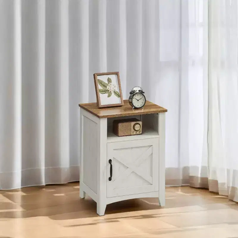 LEDREM Comodino rustico da fattoria bianco e marrone miele con anta a scorrimento, comodino con scomparto aperto, e utilizzabile come tavolino laterale/finale