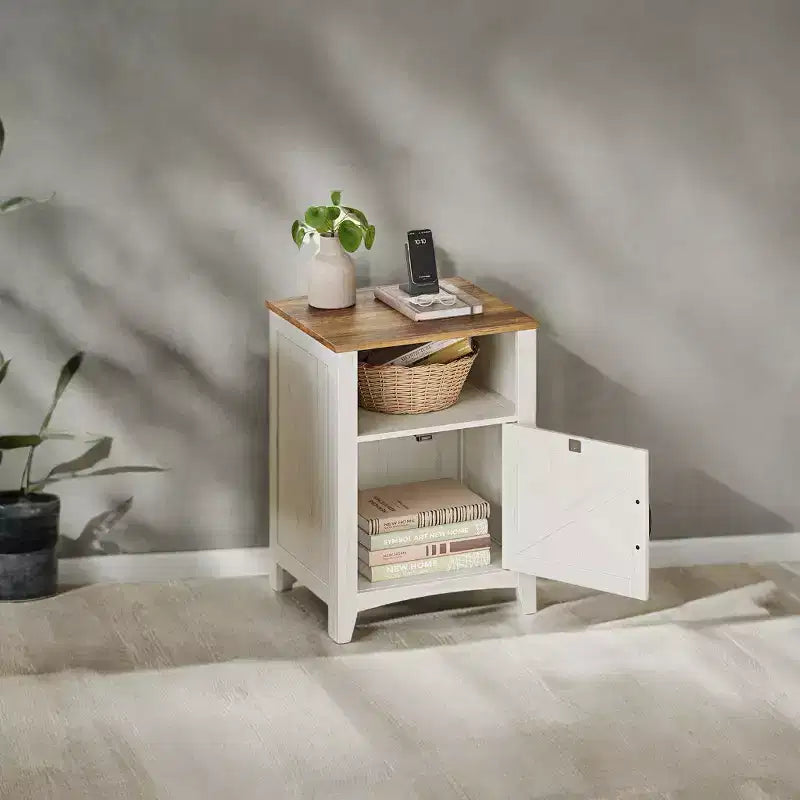 LEDREM Comodino rustico da fattoria bianco e marrone miele con anta a scorrimento, comodino con scomparto aperto, e utilizzabile come tavolino laterale/finale