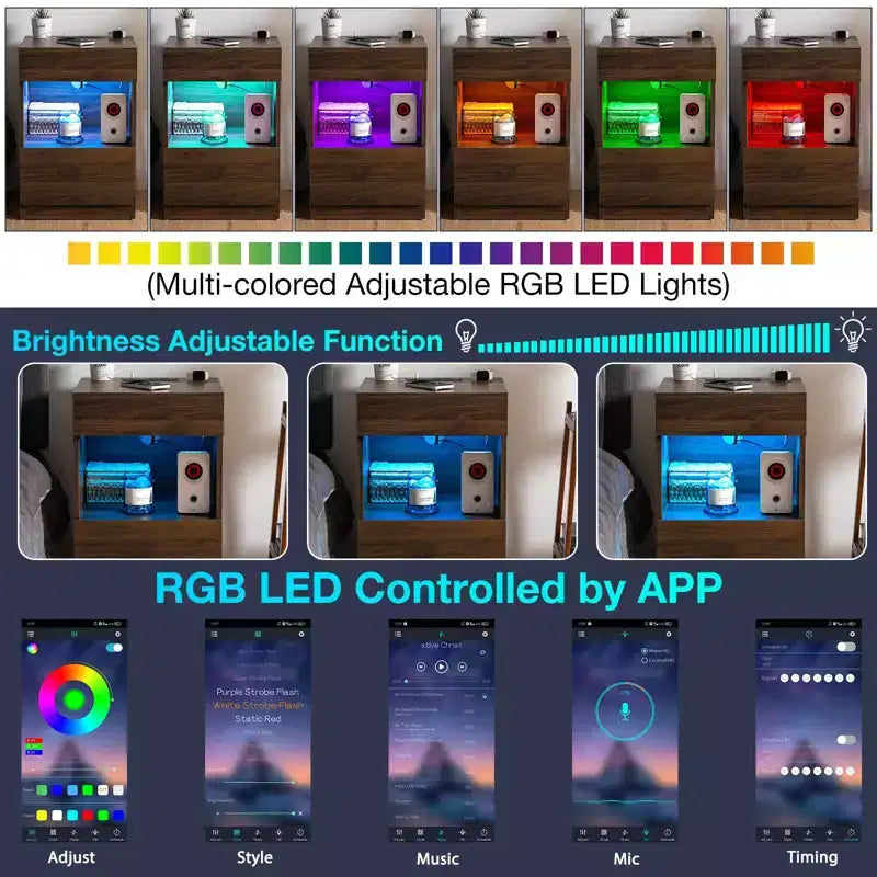 Comodino moderno Hommpa con ripiano aperto, luce LED, stazione di ricarica e 2 cassetti