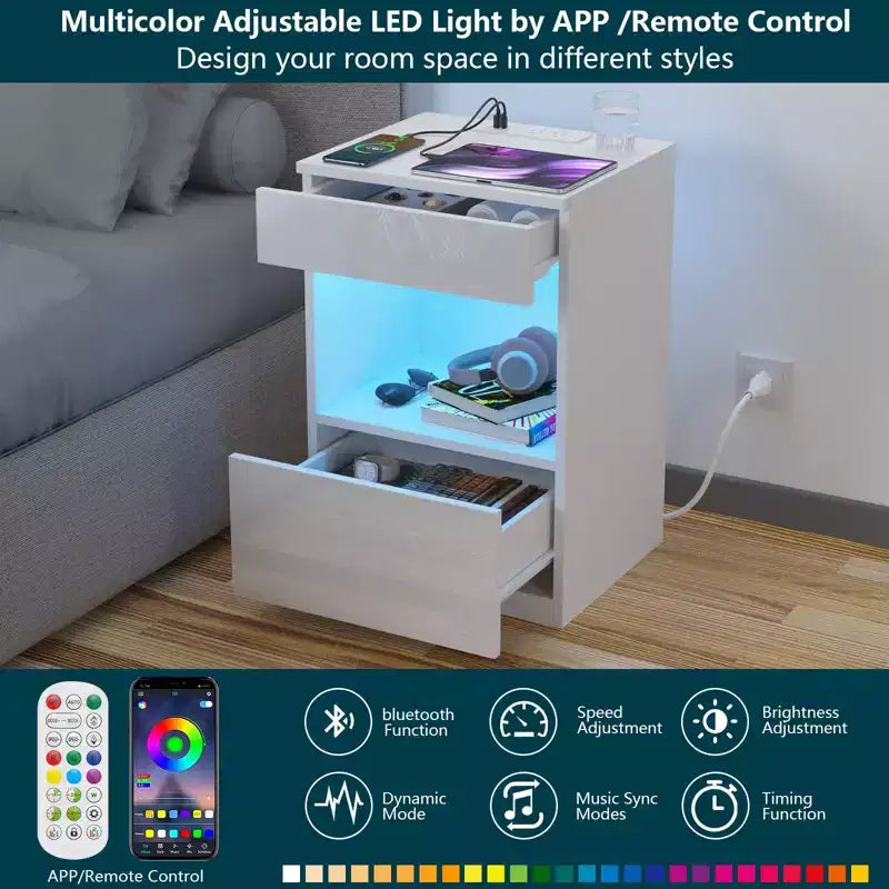 Comodino moderno Hommpa con ripiano aperto, luce LED, stazione di ricarica e 2 cassetti