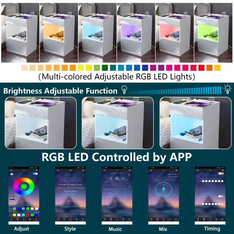 Comodino moderno Hommpa con ripiano aperto, luce LED, stazione di ricarica e 2 cassetti
