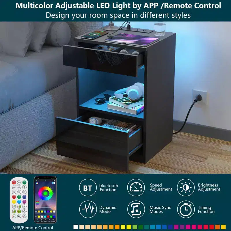 Comodino moderno Hommpa con ripiano aperto, luce LED, stazione di ricarica e 2 cassetti