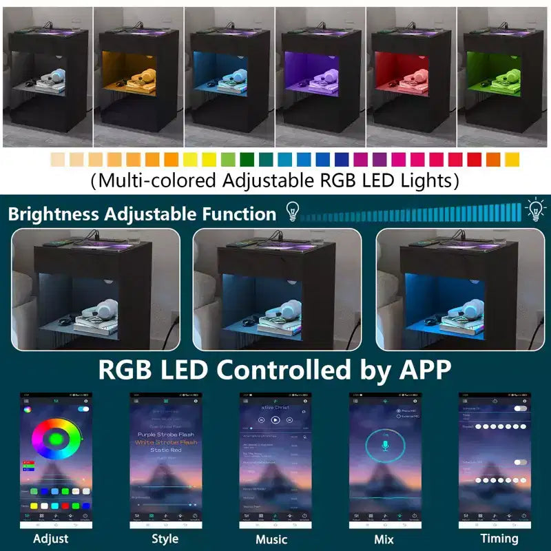 Comodino moderno Hommpa con ripiano aperto, luce LED, stazione di ricarica e 2 cassetti