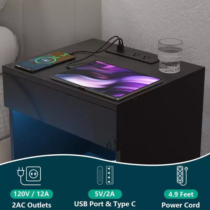 Comodino moderno Hommpa con ripiano aperto, luce LED, stazione di ricarica e 2 cassetti
