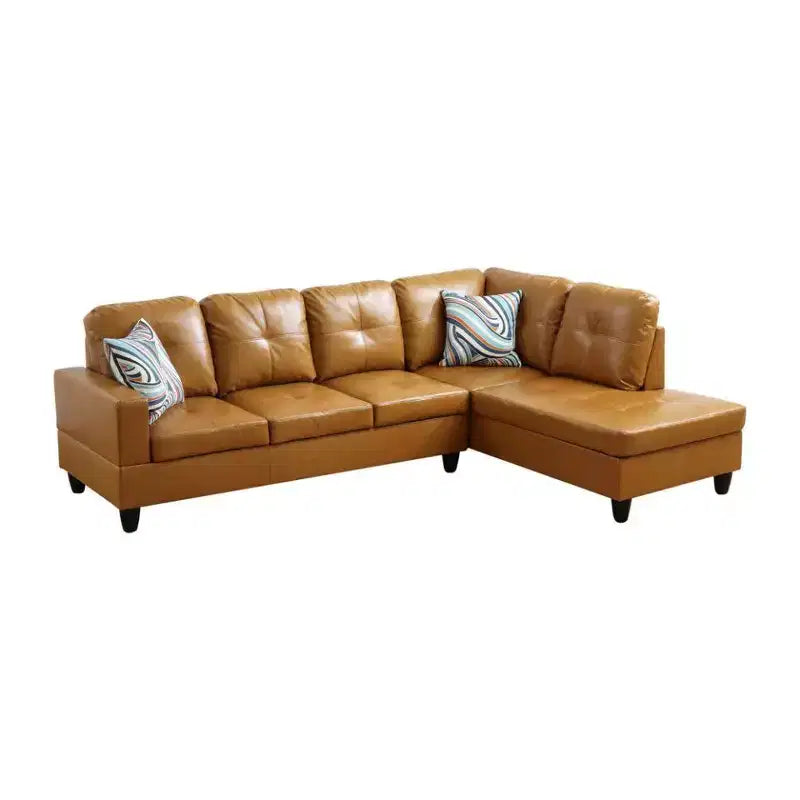 Divano componibile in similpelle tan - Design moderno a L, cuscini trapuntati, cuscini decorativi, pouf contenitore