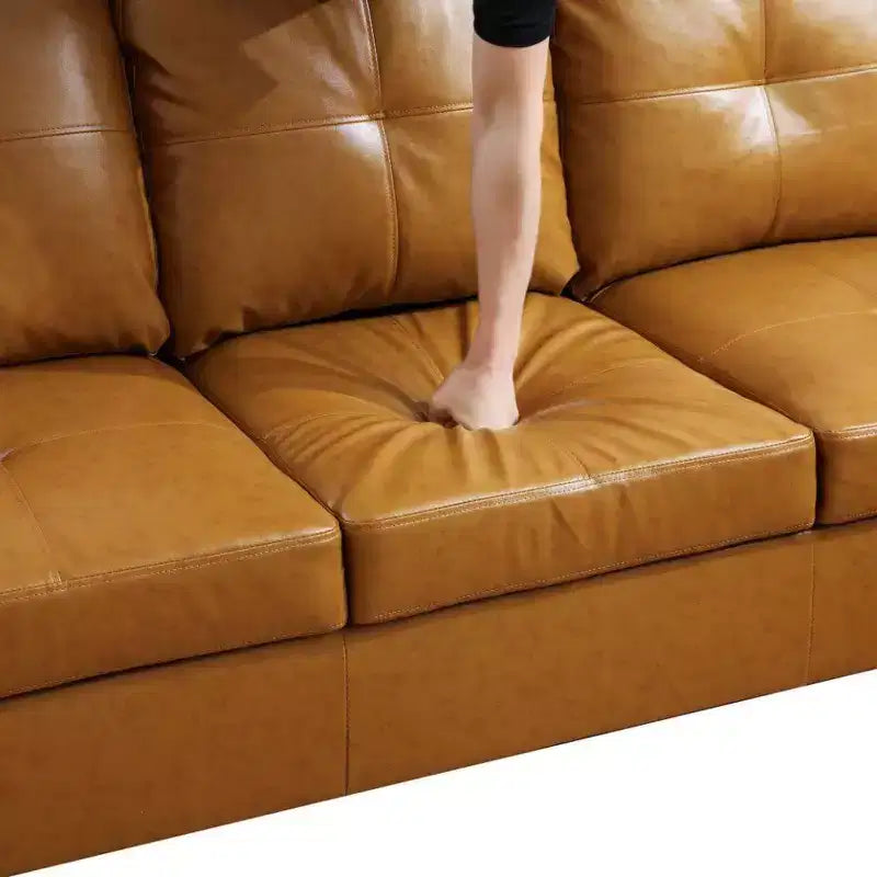 Divano componibile in similpelle tan - Design moderno a L, cuscini trapuntati, cuscini decorativi, pouf contenitore