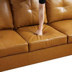 Divano componibile in similpelle tan - Design moderno a L, cuscini trapuntati, cuscini decorativi, pouf contenitore