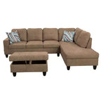 Scopri il comfort definitivo con il nostro divano componibile ad angolo a L in tessuto marrone C, completo di chaise longue e pouf contenitore