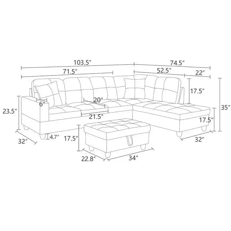 Scopri il comfort definitivo con il nostro divano componibile ad angolo a L in tessuto marrone C, completo di chaise longue e pouf contenitore