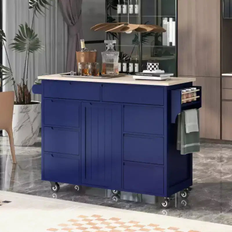 Blue Kitchen Island Cart with Rubber Wood Countertop 5 Wheels for Kitchen Dinning Room