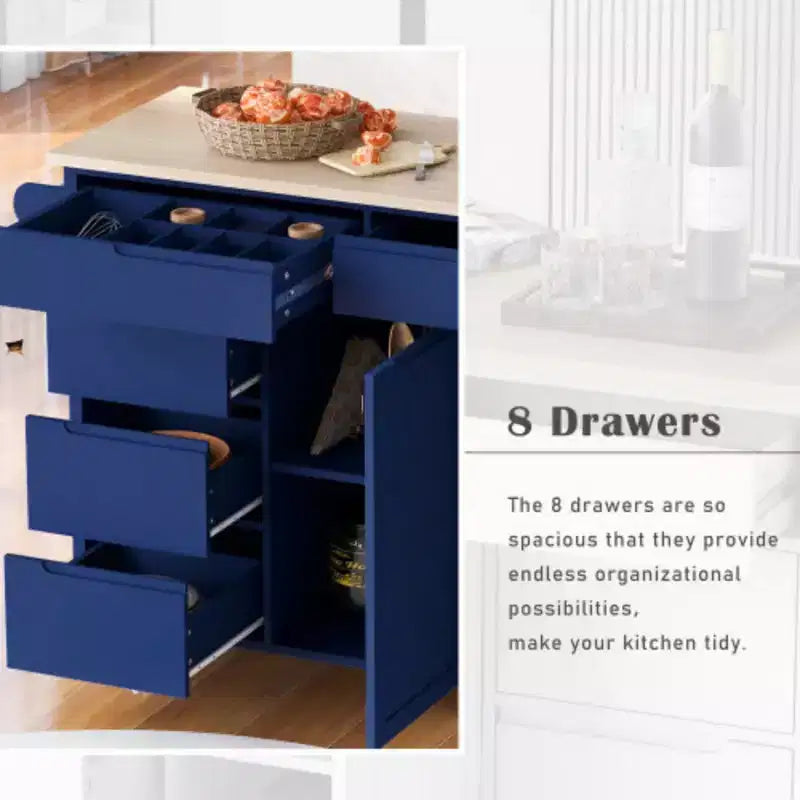 Carrello da Cucina Blu con Top in Legno di Gomma e 5 Ruote per Sala da Pranzo
