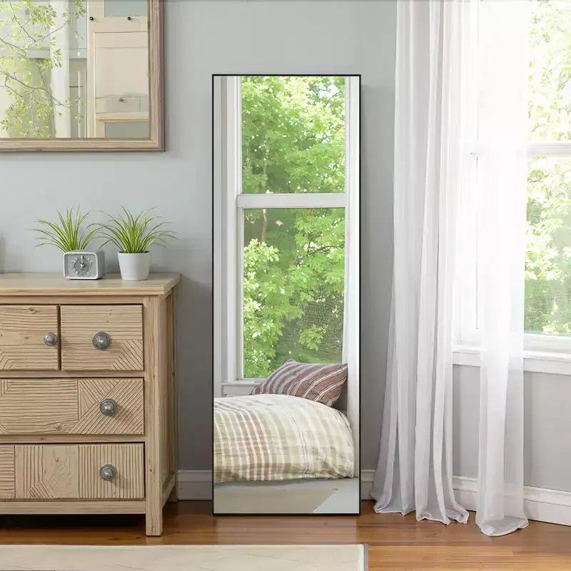 Aluminum Alloy Thin Edged Rectangular Black Full-Length Mirror, 64.2 x 21.3 x 0.6 (With Bracket)