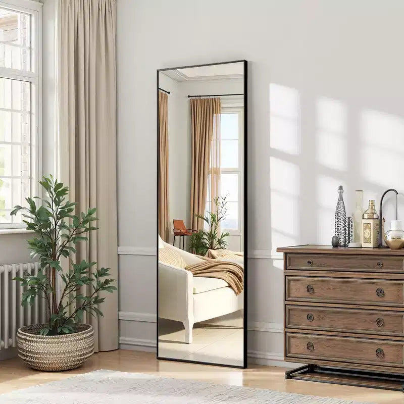 Specchio a figura intera rettangolare nero con bordo sottile in lega di alluminio, 64,2 x 21,3 x 0,6 (con staffa)