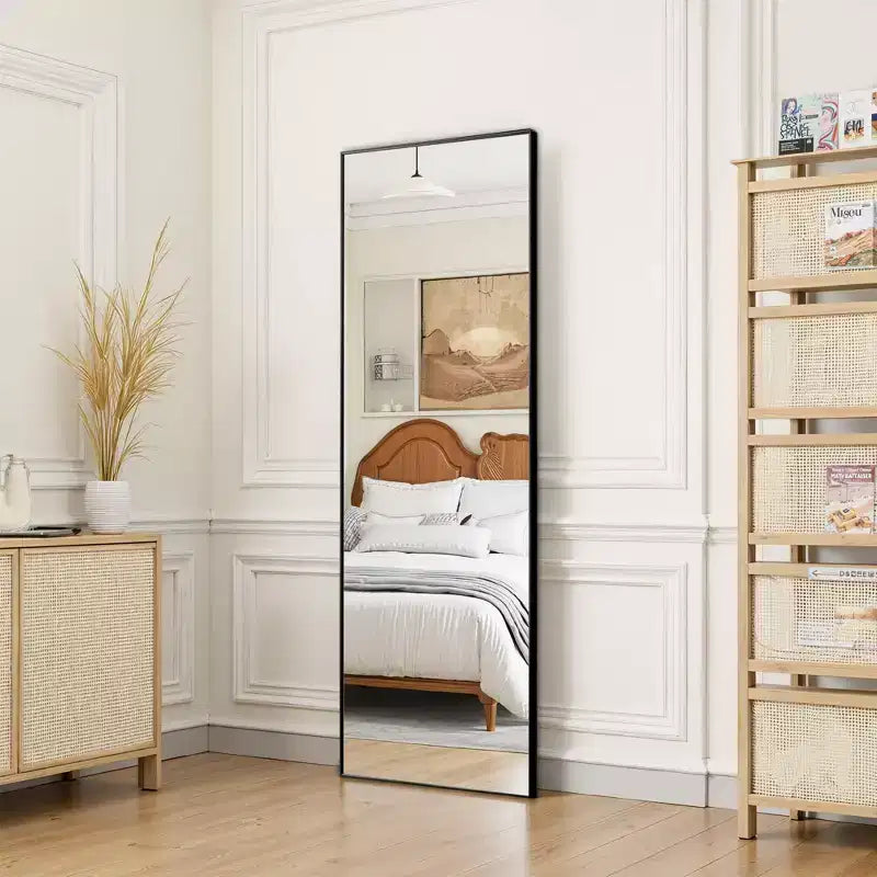 Specchio a figura intera rettangolare nero con bordo sottile in lega di alluminio, 64,2 x 21,3 x 0,6 (con staffa)