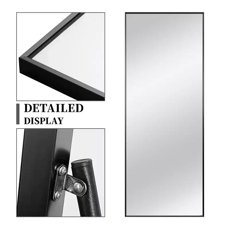 Specchio a figura intera rettangolare nero con bordo sottile in lega di alluminio, 64,2 x 21,3 x 0,6 (con staffa)