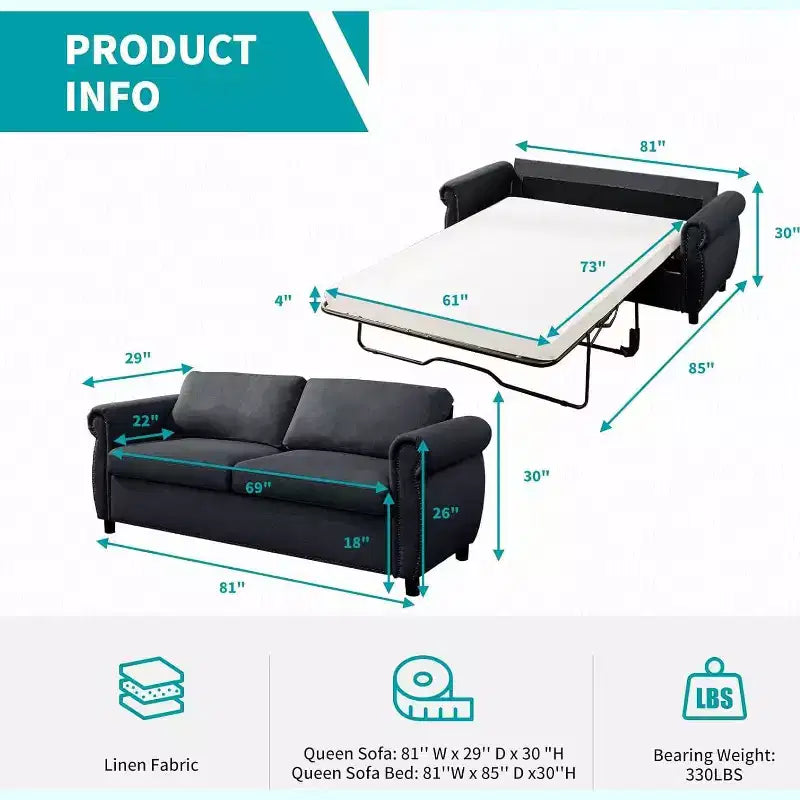 Mjkone Divano Letto Estraibile Queen Size, Divano Letto Convertibile 2-in-1 con Materasso in Memory Foam