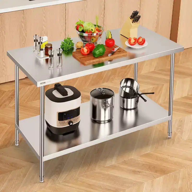 Tavolo di Preparazione in Acciaio Inossidabile VEVOR, 76 x 152 x 86 cm, Capacità di Carico 413 kg, Banco da Lavoro in Metallo Resistente con 3 Livelli di Altezza Regolabili