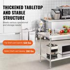 Tavolo di Preparazione in Acciaio Inossidabile VEVOR, 76 x 152 x 86 cm, Capacità di Carico 413 kg, Banco da Lavoro in Metallo Resistente con 3 Livelli di Altezza Regolabili