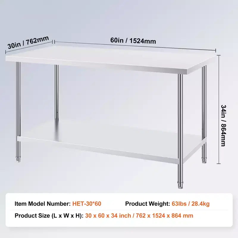 Tavolo di Preparazione in Acciaio Inossidabile VEVOR, 76 x 152 x 86 cm, Capacità di Carico 413 kg, Banco da Lavoro in Metallo Resistente con 3 Livelli di Altezza Regolabili