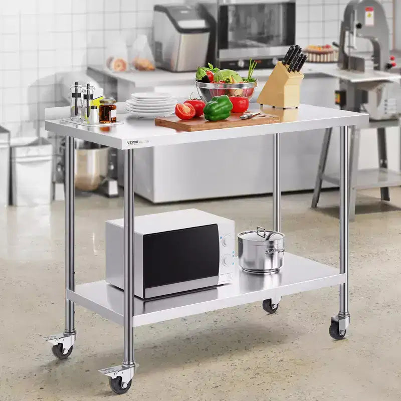 VEVOR Banco da Lavoro in Acciaio Inox 24 x 48 x 40 Pollici, Tavolo da Lavoro Commerciale per Preparazione Cibo con Ruote, Banco da Lavoro Pesante, Tavolo da Lavoro in Metallo